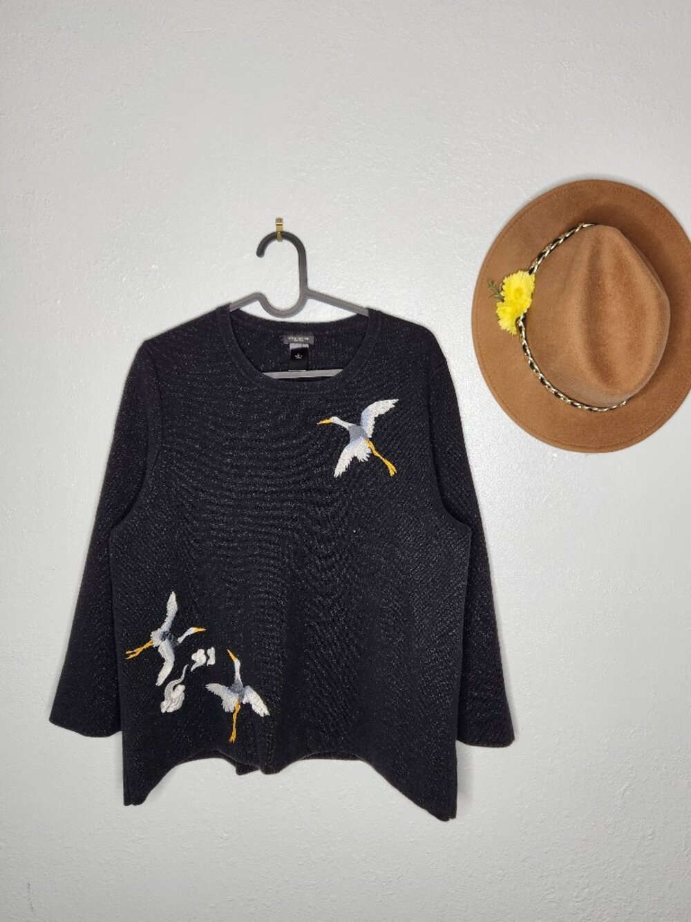 Ann Taylo Size Black Crane Embroidery Metallic Thread Sweater